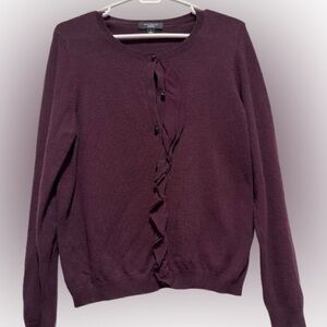 Ann Taylor Deep Purple Cardigan Sweater with chiffon ruffle L